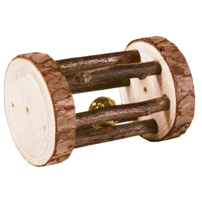 Hlavný obrázok produktu Dřevěný váleček s rolničkou pro moračata a králíky, dřevo s kůrou, o 5 × 7 cm