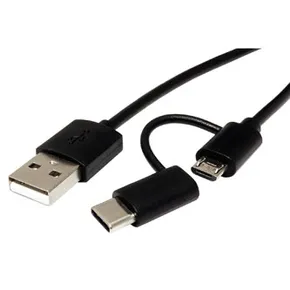 USB kábel (2.0), USB A M - microUSB M + USB C M, 1m, guľatý, čierny, plastic bag, s redukciou na USB C