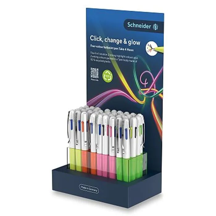 Hlavný obrázok produktu Kuličkové pero SCHNEIDER Take 4 Neon - stojánek 36 ks, mix barev
