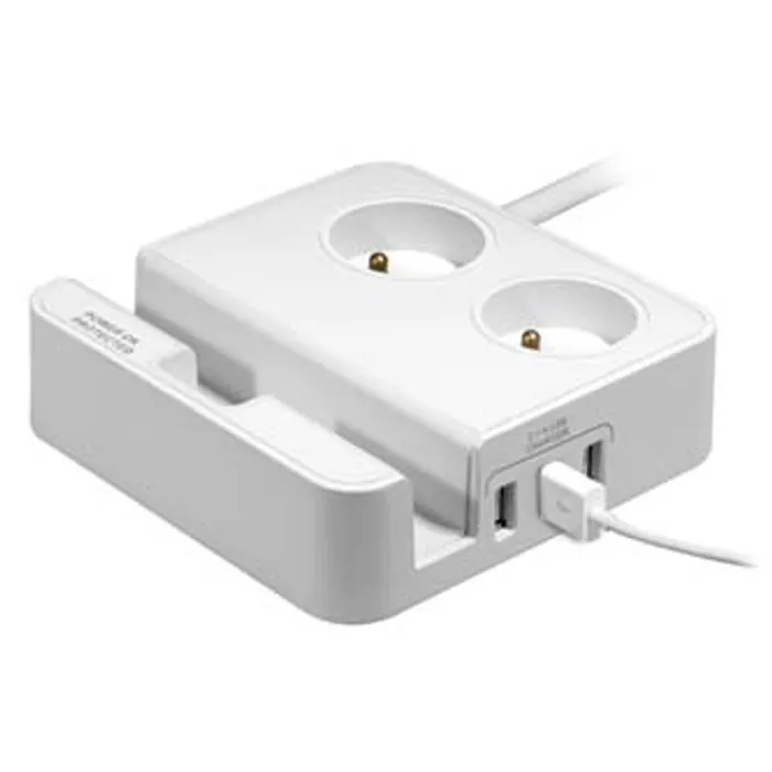 Hlavný obrázok produktu Přepěťová ochrana, 2 zásuvky, bílá, Logo, 3x USB, se stojánkem na tablet,mobil