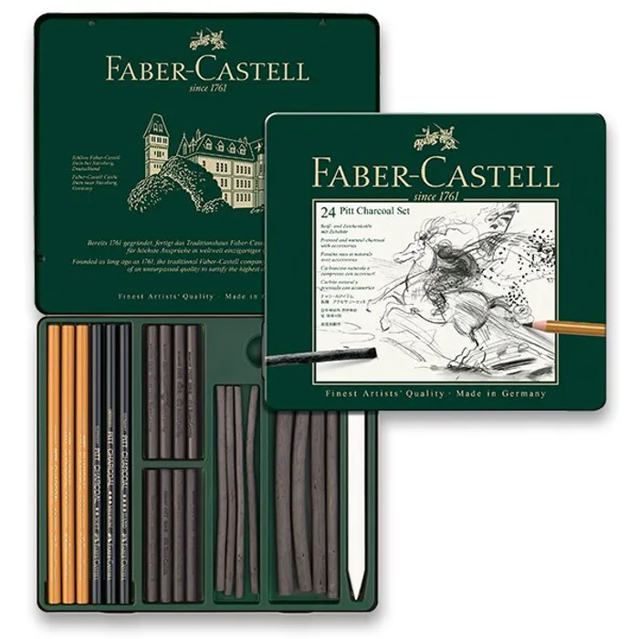 Hlavný obrázok produktu Uhel Faber-Castell Pitt Monochrome Charcoal plechová krabička, 24ks