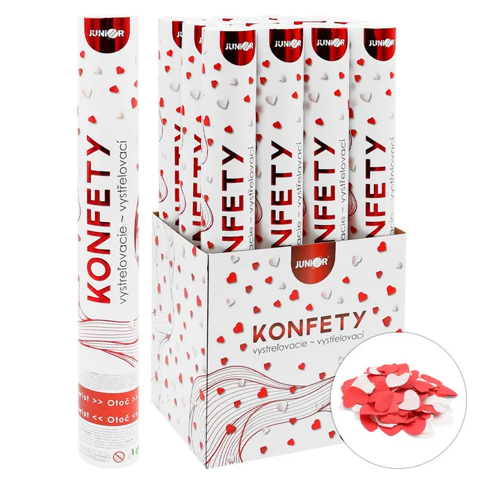 Hlavný obrázok produktu Vystřelovací konfety - trubka 40 cm, bílá a červená papírová srdce, [1 ks]